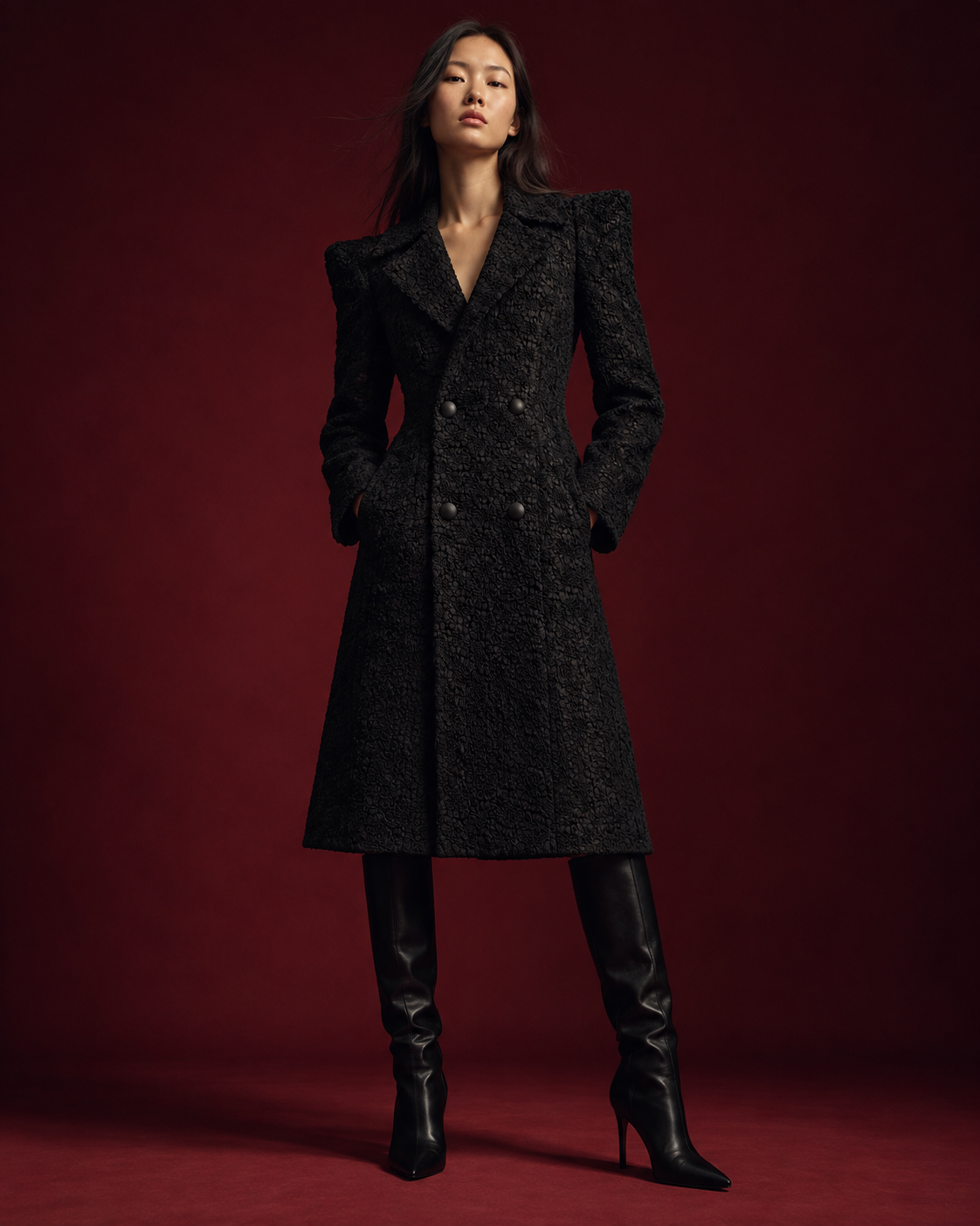Manteau croisé noir — silhouette portée — Daniel Baud